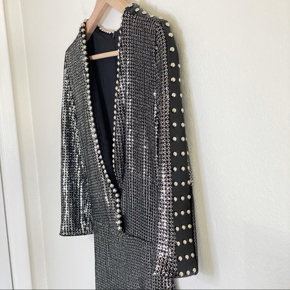 Nadine Merabi Katia Sequin Studded Plunging Mini Dress Silver Black Small - Picture 12 of 16